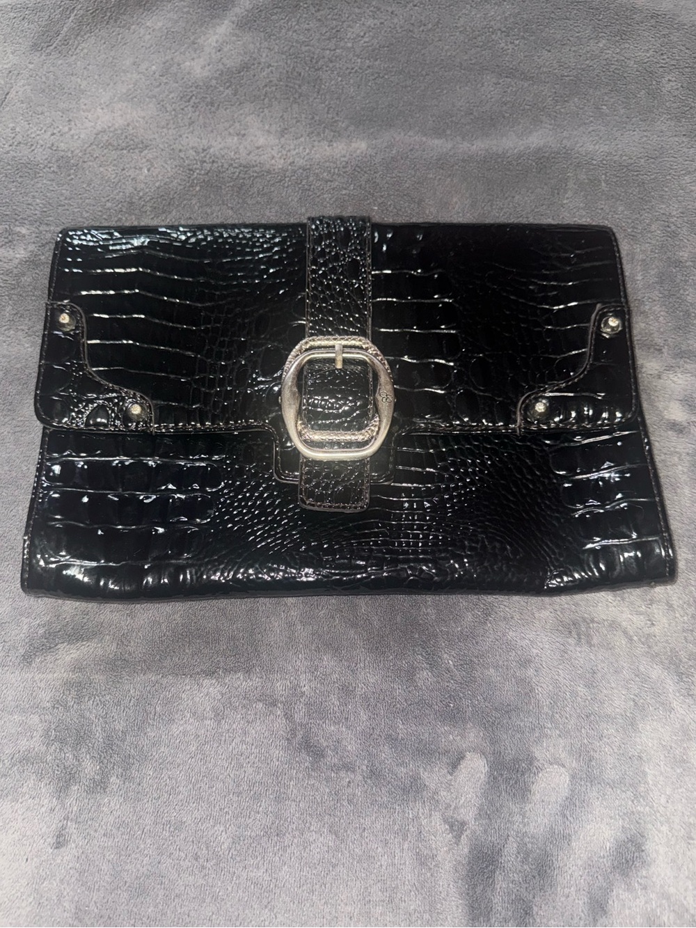 Jessica Simpson Black Patent Leather Croc-Embossed Buckle Clutch Large